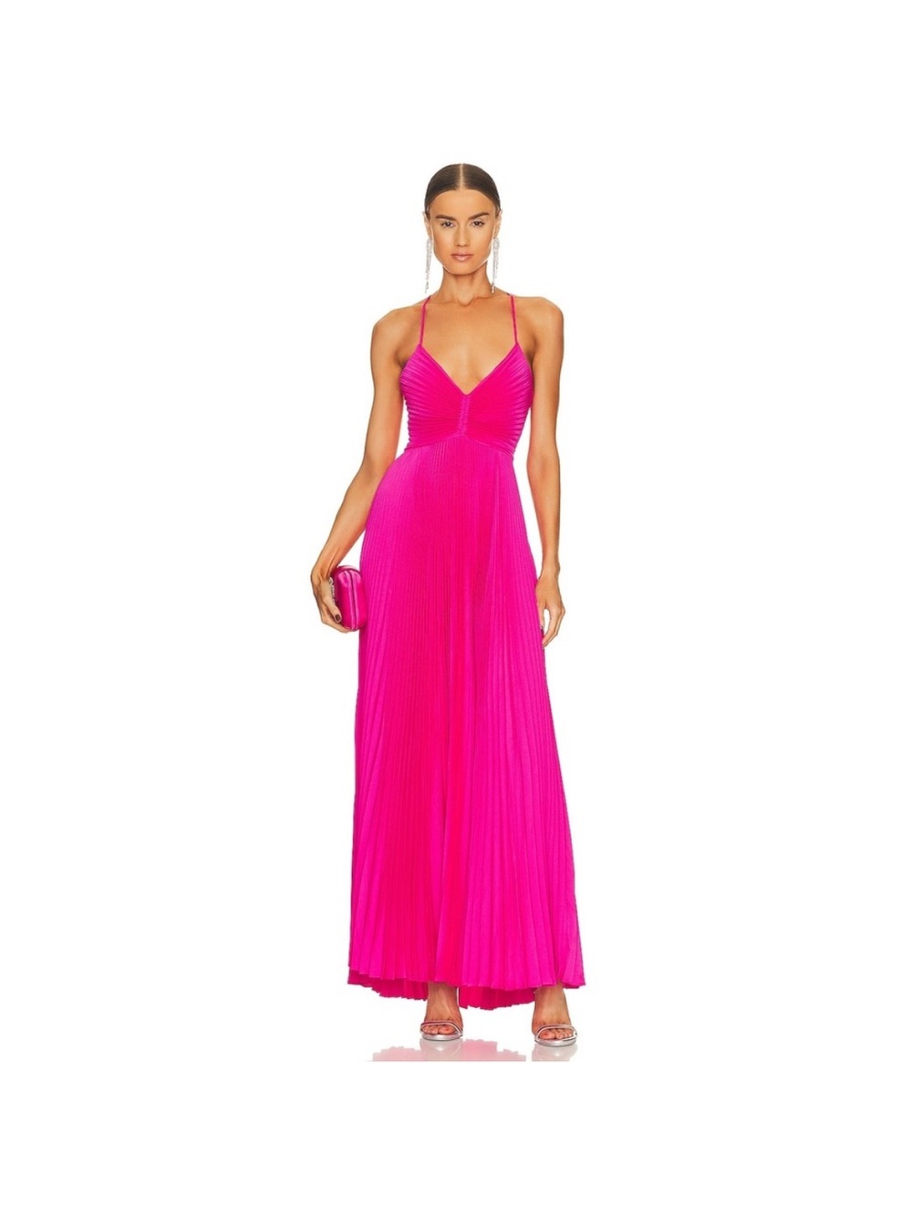 A.L.C. V-Neck Pleated Maxi Dress in Hot Pink